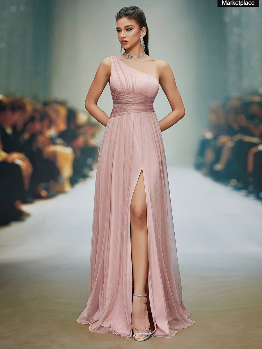 Elegant Directional Pleated Slit Evening Gown, Women'S Evening Dress, Party Dress, Graceful Dress, Unique Design, Exquisite Fabric, Long Dress, Formal Wear, Women'S Fashion - Pink Color