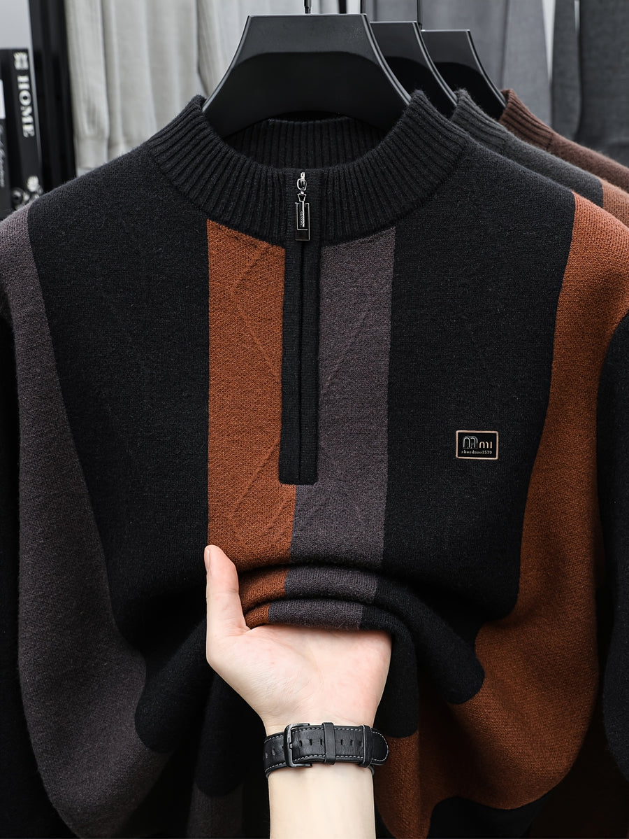 Minimalist Urban Half-Zip Sweater - High Neck Zippered Cardigan with Striped Suitable for Daily Commuting, Fall Winter Warmth, Casual Office Wear, Hand Washable Layering Piece for -Casual Outfits - Black
