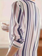 Women'S Casual Striped Shirt, Button-Up Design, Made Of, Suitable for Spring, Summer, And Autumn Casual Or Formal Wear | Classic Lapel Fashion Button-Up, Elegant Women'S Shirt, Beautiful Women'S Shirt, Autumn Women'S Top Trend, Women'S Clothing - Blue