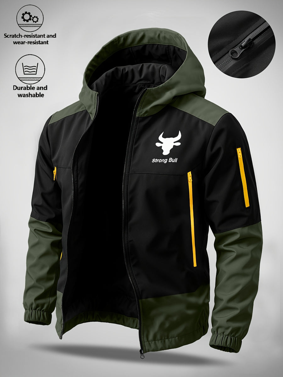 Men's Hooded Jacket with Bull Logo Colorblock Hooded Outdoor Jacket, Men's Sporty Casual Outerwear, JK1859 - fern green