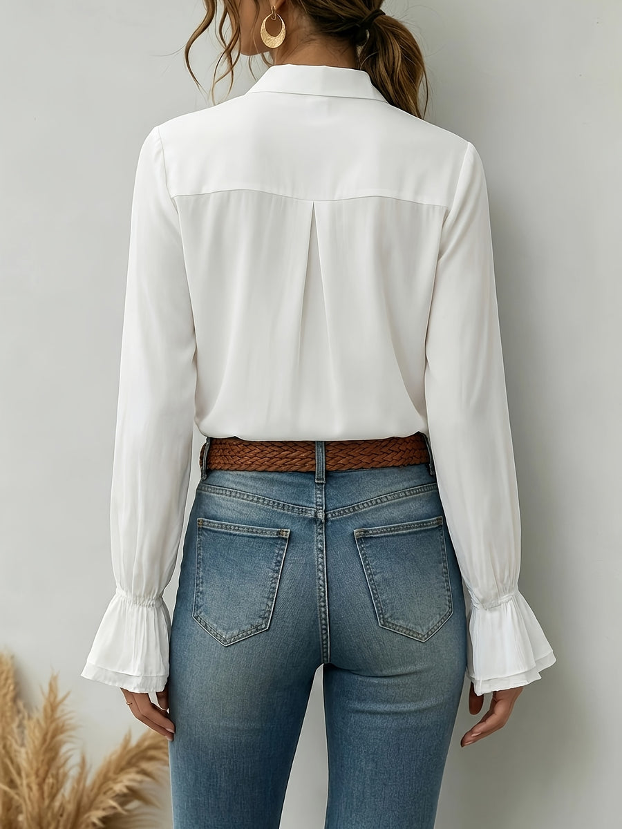 Women'S Solid Elegant Ruffled Button-Up Long Sleeve Shirt - White