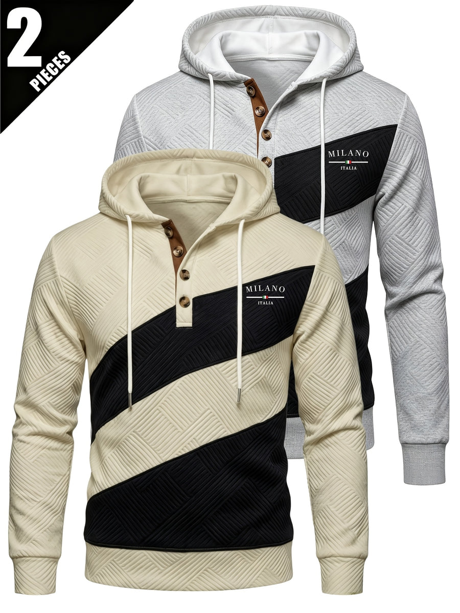 2pcs Men'S Patchwork Fashion Hoodie Set, Textured Color-Block Zipper Print Long Sleeve Hoodie, Regular Fit Street Casual Daily Outing - Grey+Khaki