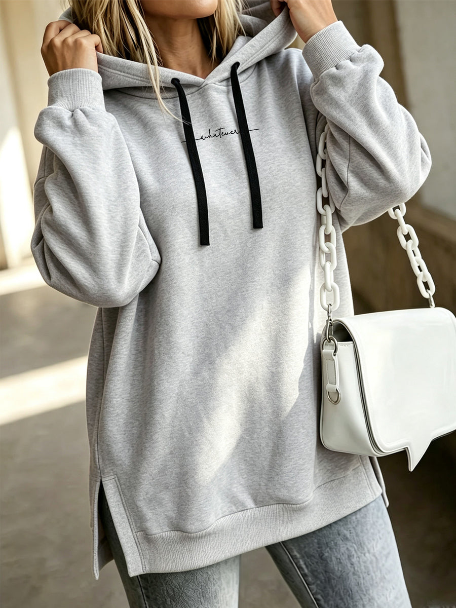 Women'S Fashion Hooded Sweatshirt for Autumn And Winter - Pattern Print Design, Side Slit Detail, Pullover Hoodie - Light Grey