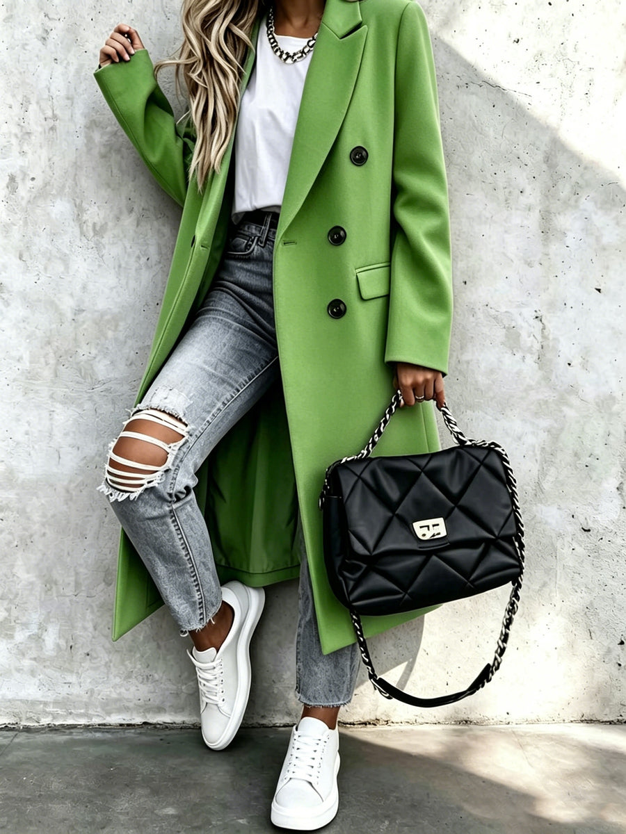 Over-The-Knee Long Premium Design Style Long Sleeve Trench Coat Women'S New Suit Collar Double-Breasted Casual Coat Jacket - Green