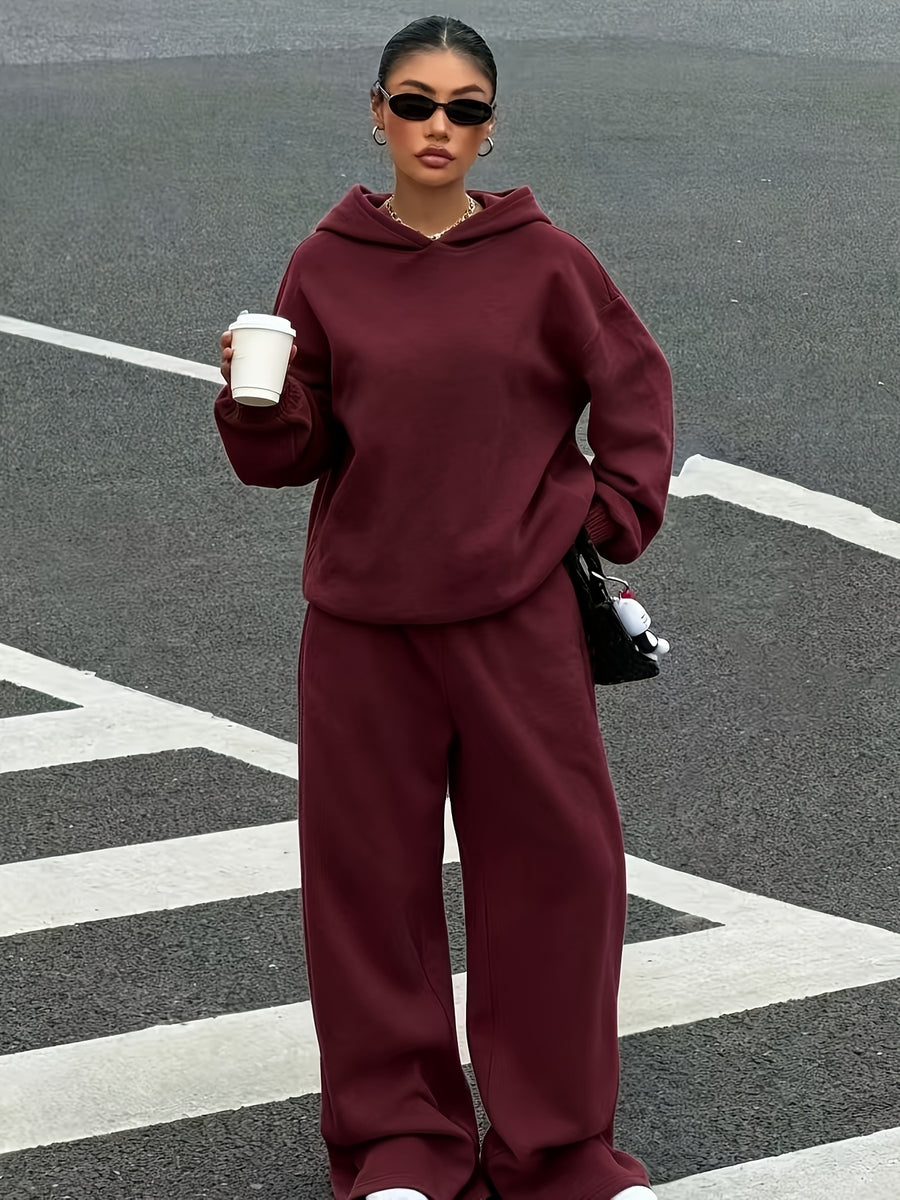 2026 Sporty Solid Color Hooded Sweatshirt Set for Women, Loose Drop-Shoulder Casual Wide-Leg Pants 2pcs Set - Burgundy