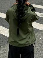 American Retro Half-Zipper Hooded Pullover Outdoor Work Jacket Women'S Spring Loose Design Pullover Jacket Casual Versatile Top - Olive Green