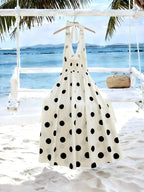 Women'S Retro Polka Dot Halter Neck Deep V Long Dress, Elastic Waist Flowing Full Skirt, Evening Beach Vacation Dress - Multicolor