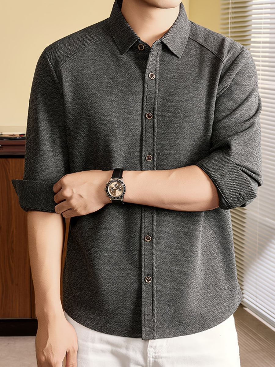 Men's Long-Sleeve Knit Cardigan Shirt with Raglan Sleeves, Roll-Up Cuffs, Suitable for Layering or Wearing Alone in Spring, Autumn, and Early Winter, Ideal for Middle-Aged Men's Commuting and Casual Wear. -SINBOS - Black Gray