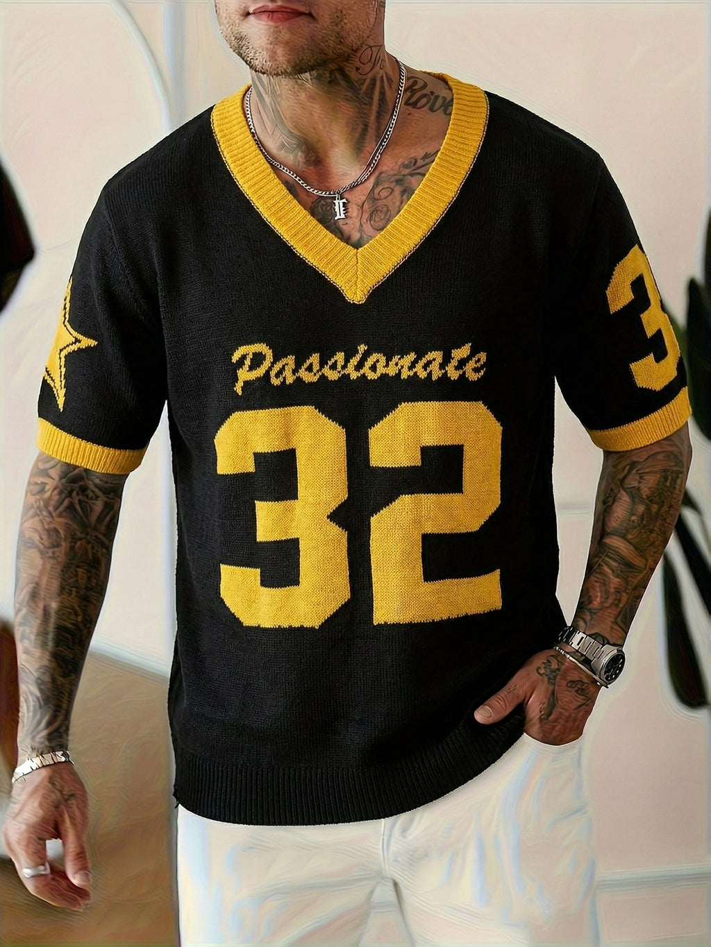 Vintage Uniform Knit Sweater "Passionate81.28cm - Unisex College Style Sweater, Black and Yellow V-Neck Loose Fit Athletic Top - Black