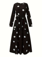 DJ0416110 Middle East Special Polka Dot Long Sleeve Belted Elegant Dress with Round Neck Long Robe - Black