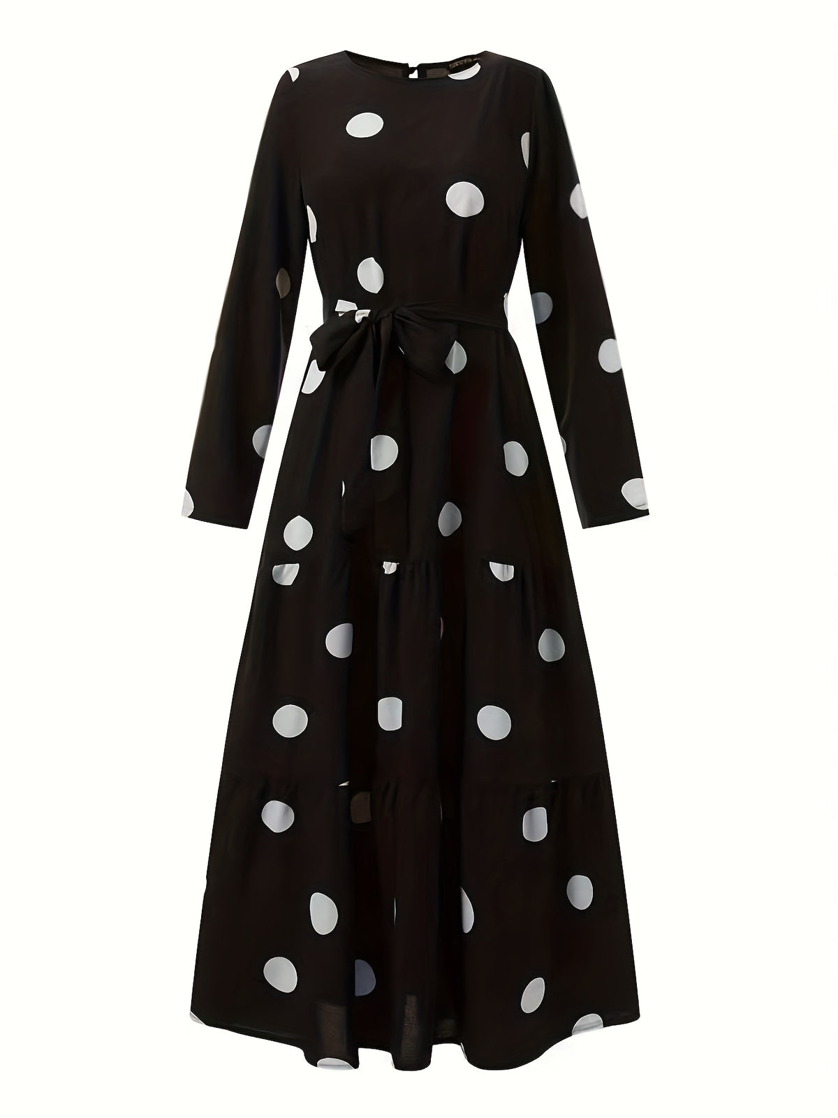 DJ0416110 Middle East Special Polka Dot Long Sleeve Belted Elegant Dress with Round Neck Long Robe - Black