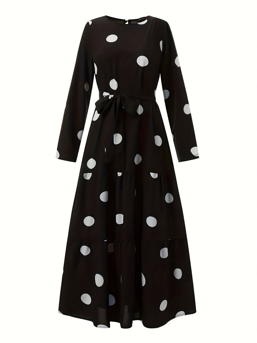 DJ0416110 Middle East Special Polka Dot Long Sleeve Belted Elegant Dress with Round Neck Long Robe - Black