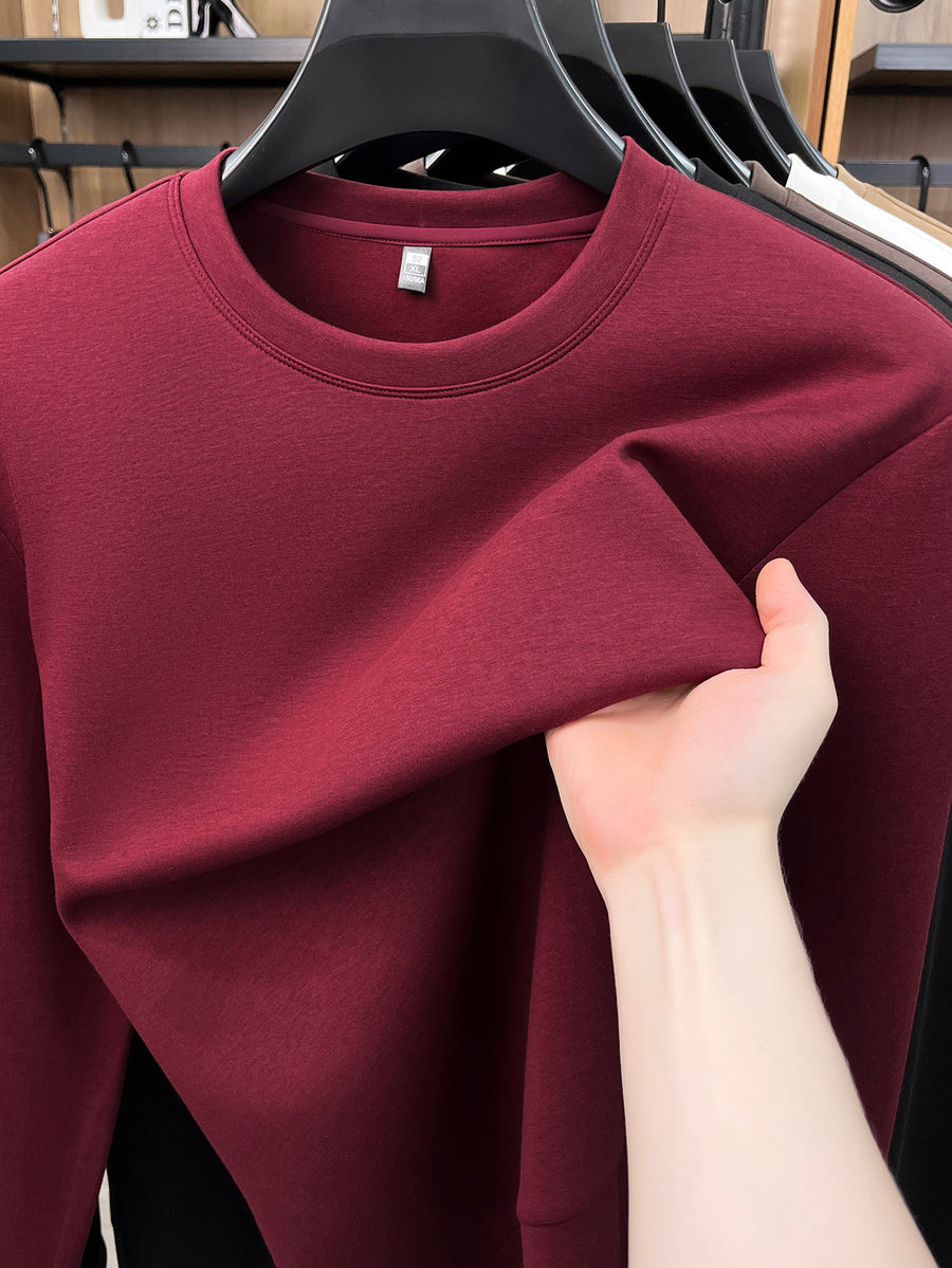 Spring And Autumn High Quality Round Neck Long Sleeve Base Layer Versatile Casual Solid Color Men'S Sweater, Home Casual Inner Wear Skin-Friendly Warm Multi-Color Available Men'S Top, Durable Comfortable Pullover LS3351 - Burgundy
