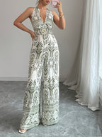Women'S Casual Vacation Backless Bohemian Style Summer Women'S Clothing Off-Shoulder Easter Women'S Jumpsuit - Olive Green