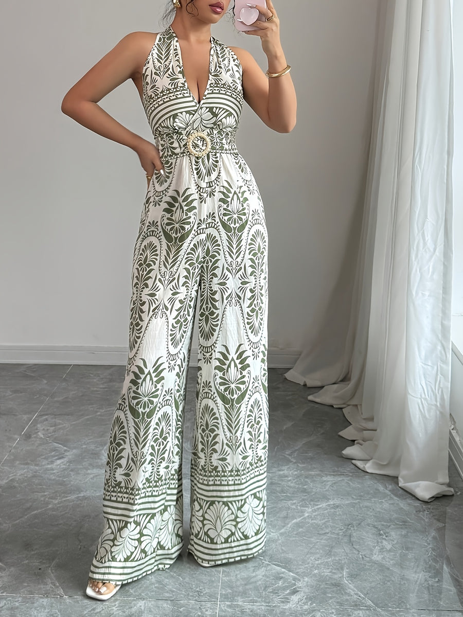 Women'S Casual Vacation Backless Bohemian Style Summer Women'S Clothing Off-Shoulder Easter Women'S Jumpsuit - Olive Green