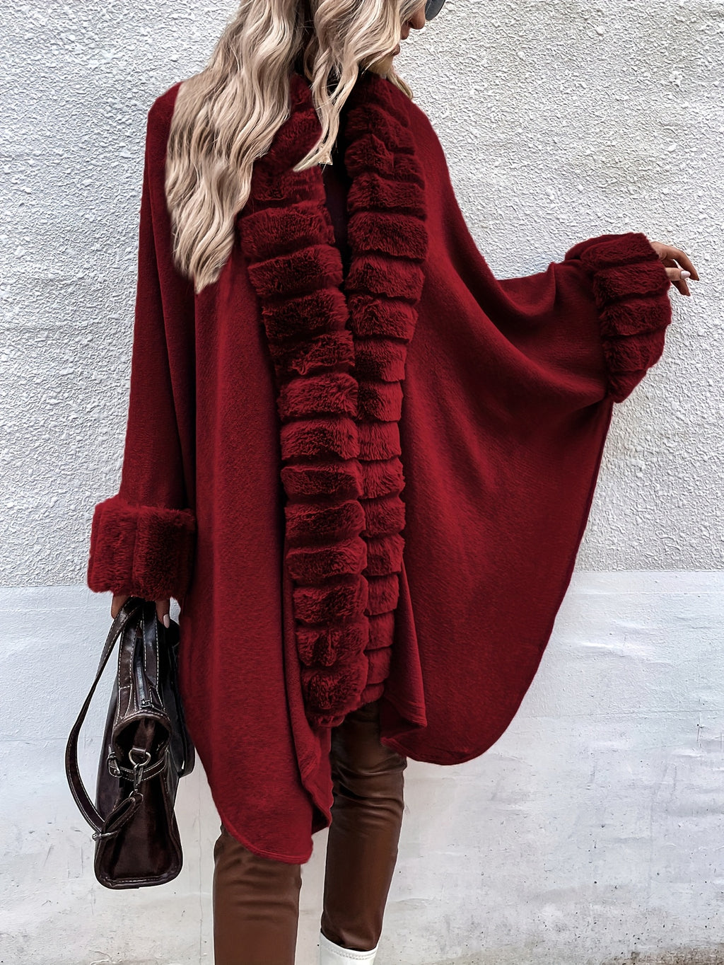 Western Autumn Winter New Mid-Length Luxurious Faux Patchwork Cardigan Sweater Tassel Shawl Cloak Coat - Burgundy