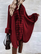 Western Autumn Winter New Mid-Length Luxurious Faux Patchwork Cardigan Sweater Tassel Shawl Cloak Coat - Burgundy
