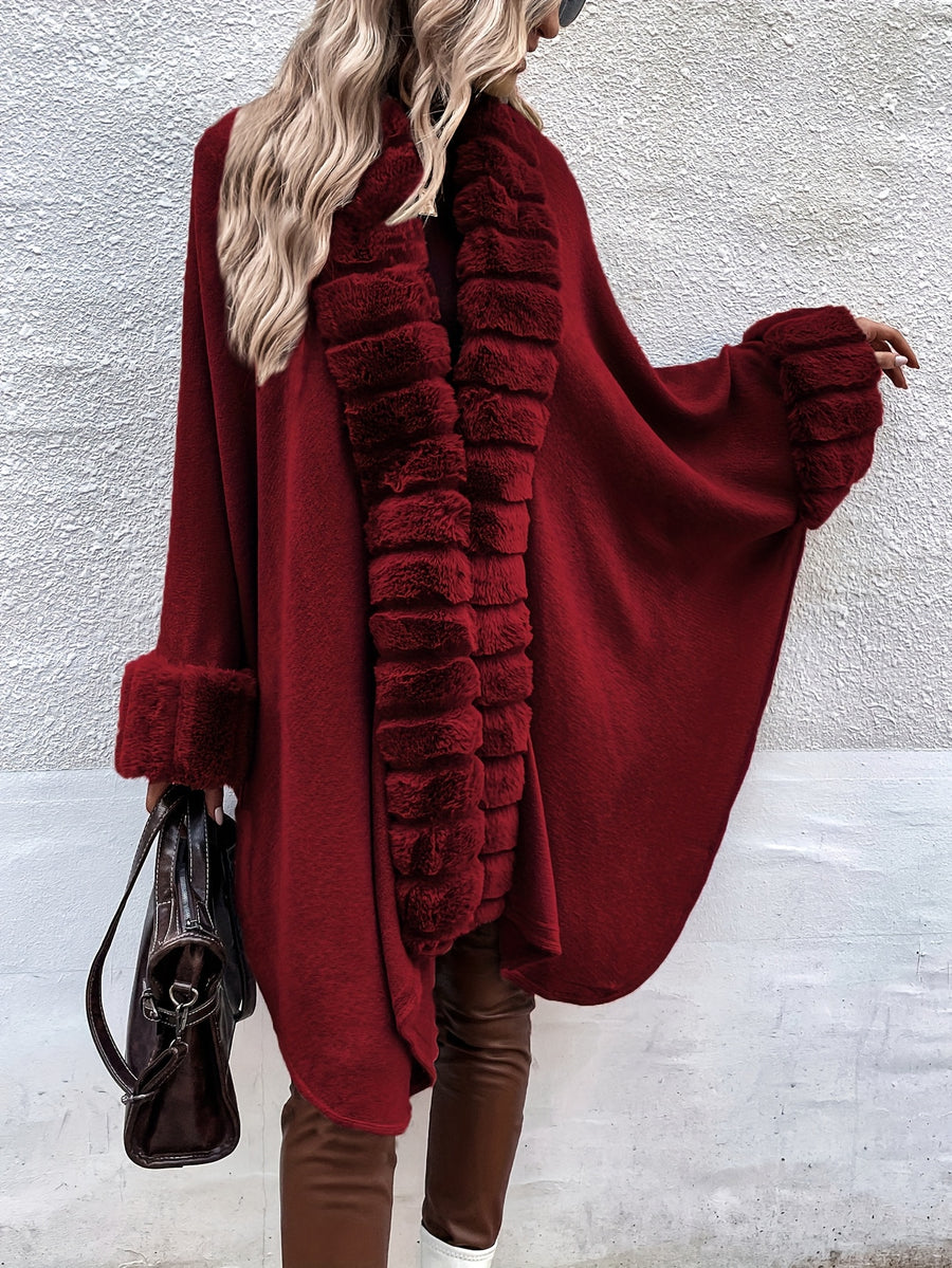 Western Autumn Winter New Mid-Length Luxurious Faux Patchwork Cardigan Sweater Tassel Shawl Cloak Coat - Burgundy