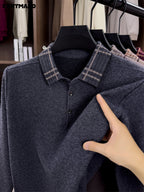 Cartmaro Autumn Winter Knit 3D Solid Color Lapel Sweater, Basic Thickened Pullover Top for Men, Fashionable Long Sleeve Knitwear - Dark Gray