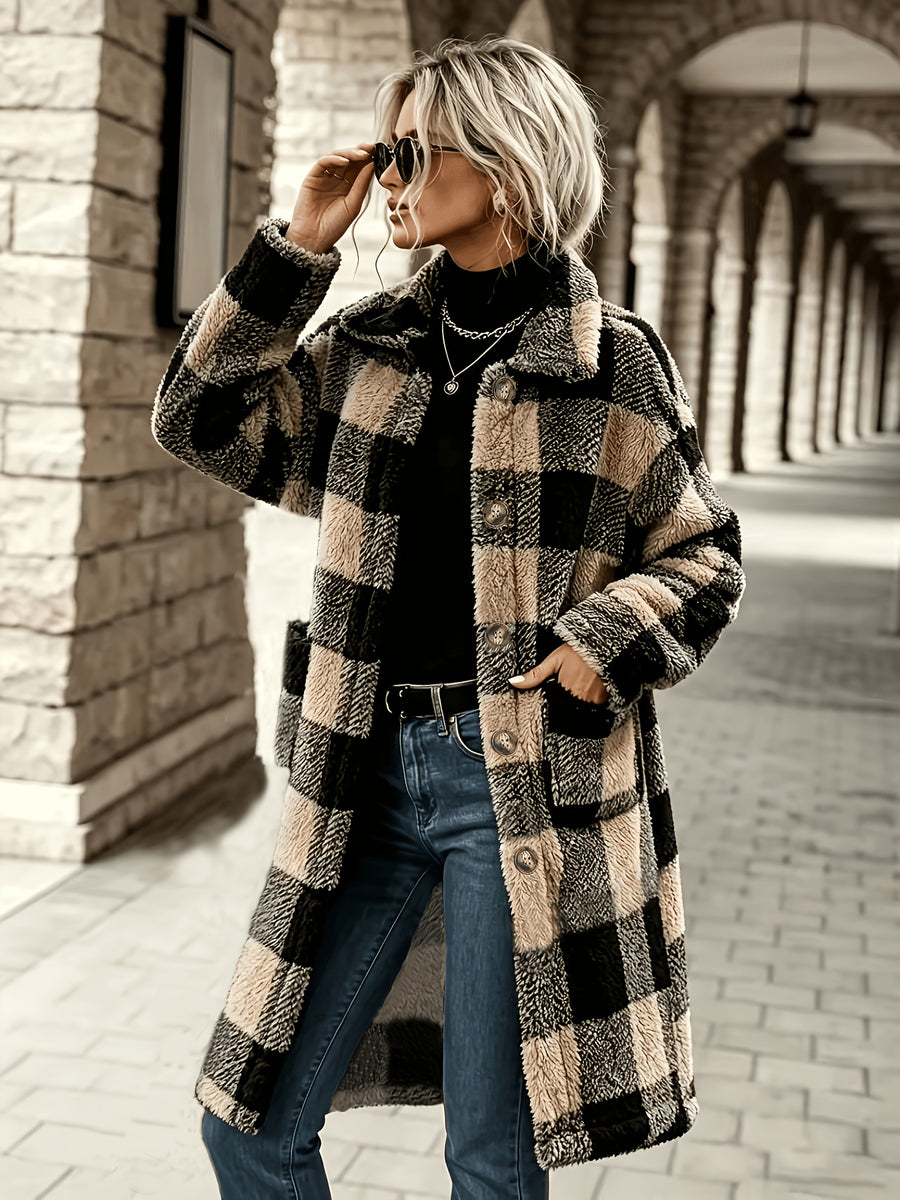 2026 Autumn Winter New Product, Women'S Plaid Printed Long Double Plush Coat, Teddy Bear Women'S Jacket, Lapel Long Sleeve Button-Up Design, Women'S Elegant Faux Coat, Essential Light Warm Jacket for Autumn Winter, Fashionable And Versatile - Black apricot