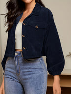Autumn Winter New Jacquard Lapel Solid Color Coat Women'S Fashion Pinstripe Button Design Casual Jacket - Navy blue color