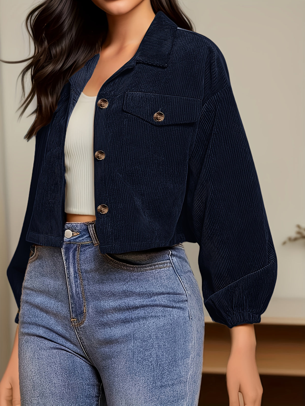 Autumn Winter New Jacquard Lapel Solid Color Coat Women'S Fashion Pinstripe Button Design Casual Jacket - Navy blue color