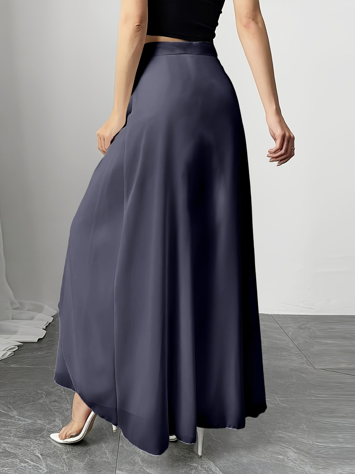 Women's Wide-Leg Pants, Simple Loose Long Pants, Flowing and Lightweight, Casual Elegant Style - Dark Gray