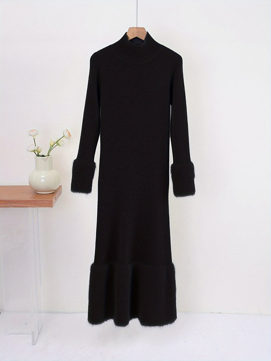 Modal Solid Color Waist Elegant Dress - Black