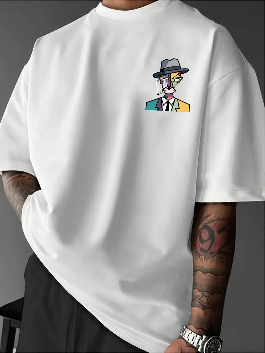 Vintage Gentleman Smoking Art Print Men's T-Shirt, Street Style, Suitable for Daily Wear, Loose Drop-Shoulder Fit Short-Sleeve T-Shirt - White