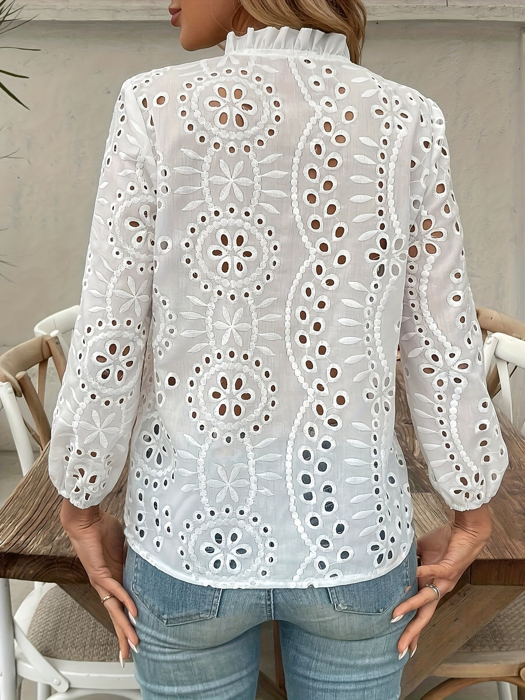 Elegant Women'S V-Neck Blouse with Ruffle Trim & Button Embroidery - Long Sleeve, Eyelet Lace Design, Solid White, Perfect for Spring/Fall, Ladies Blouses - White