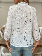 Elegant Women'S V-Neck Blouse with Ruffle Trim & Button Embroidery - Long Sleeve, Eyelet Lace Design, Solid White, Perfect for Spring/Fall, Ladies Blouses - White