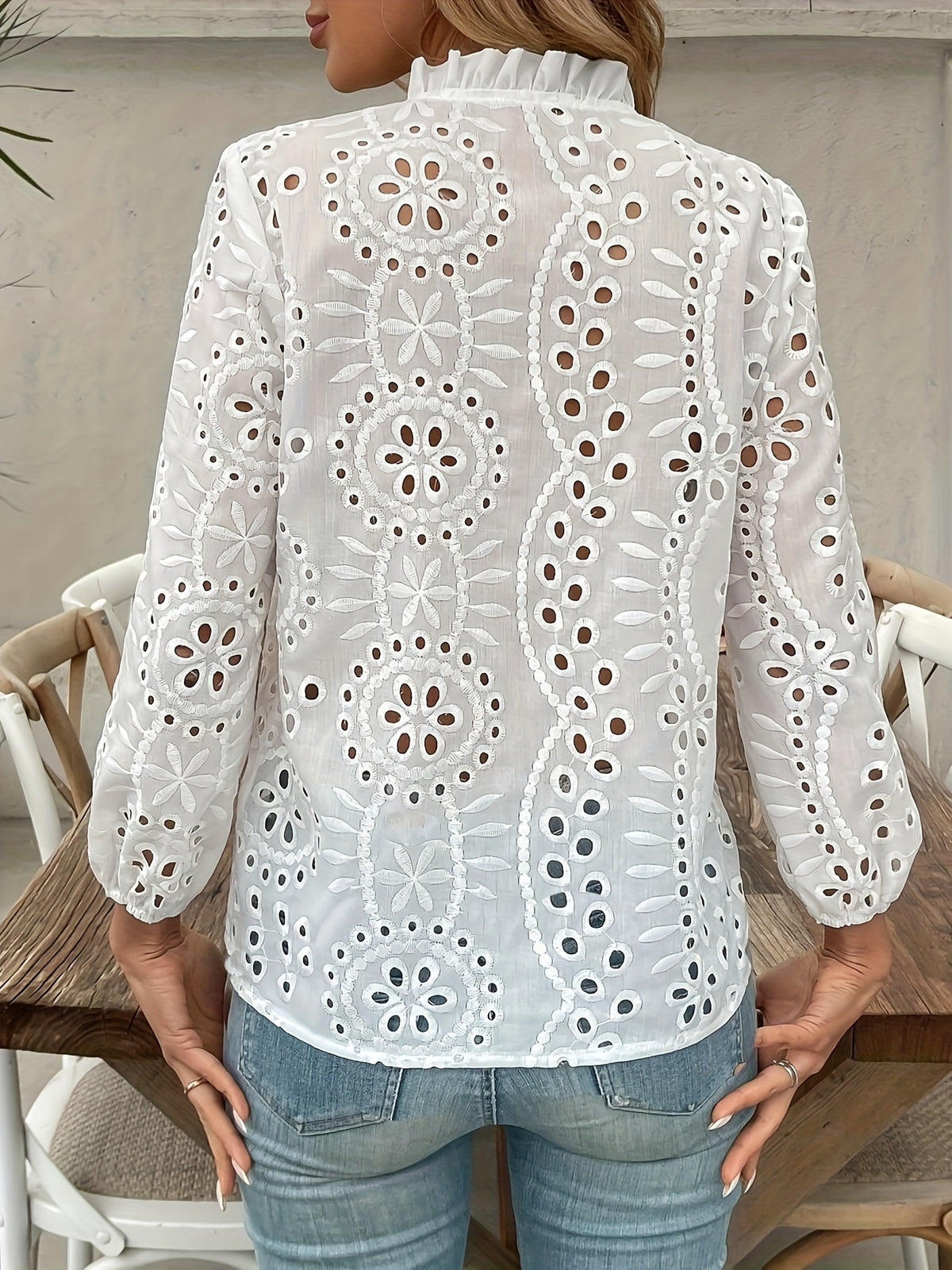 Elegant Women'S V-Neck Blouse with Ruffle Trim & Button Embroidery - Long Sleeve, Eyelet Lace Design, Solid White, Perfect for Spring/Fall, Ladies Blouses - White