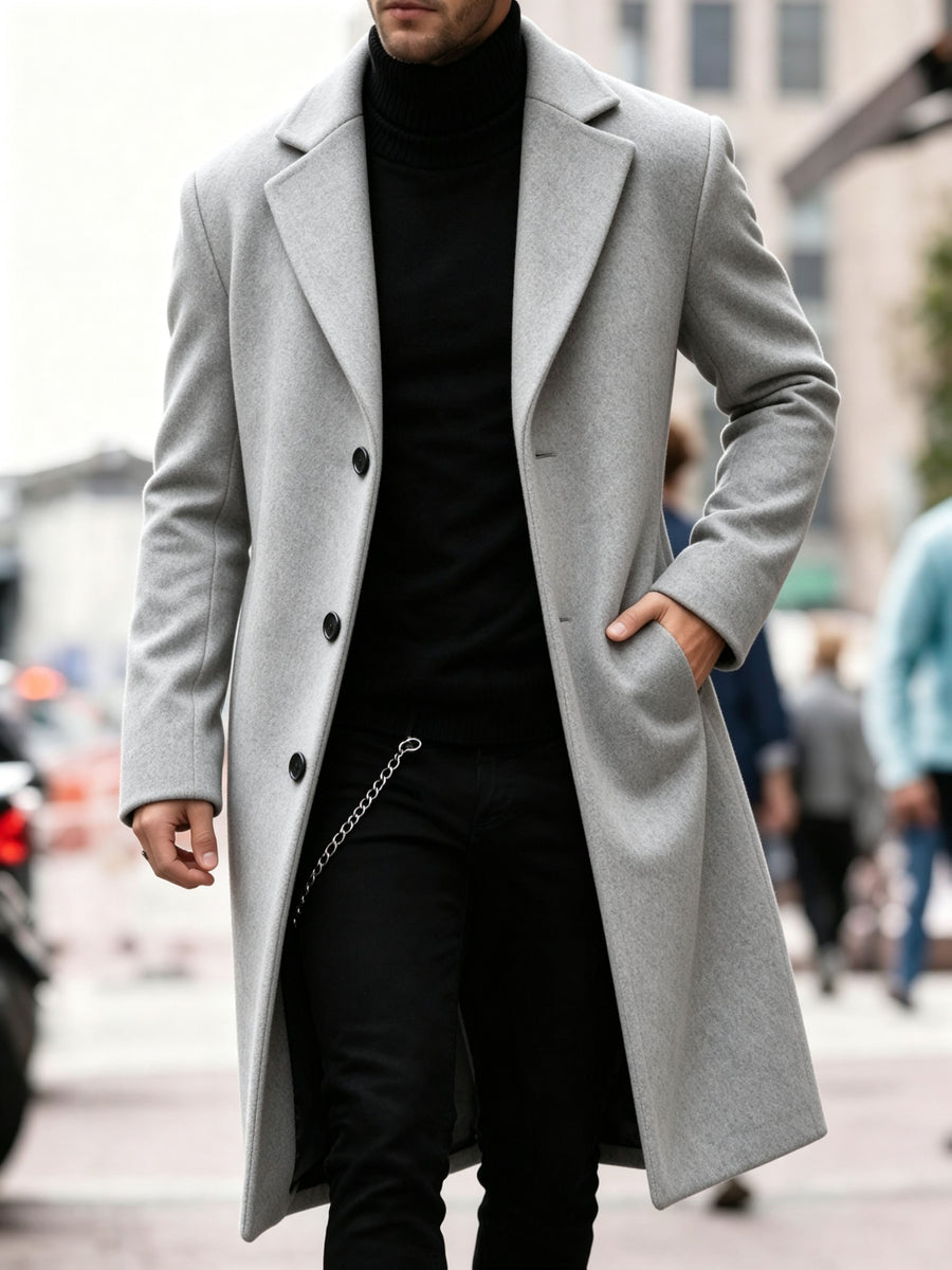 Men's Long Tweed Overcoat, European and American Style Suit Lapel Single-Breasted Slim Fit Blend Coat, Autumn/Winter Windproof and Warm Business Men's Wear, Multiple Colors Available, 100% Polyester - Light Grey