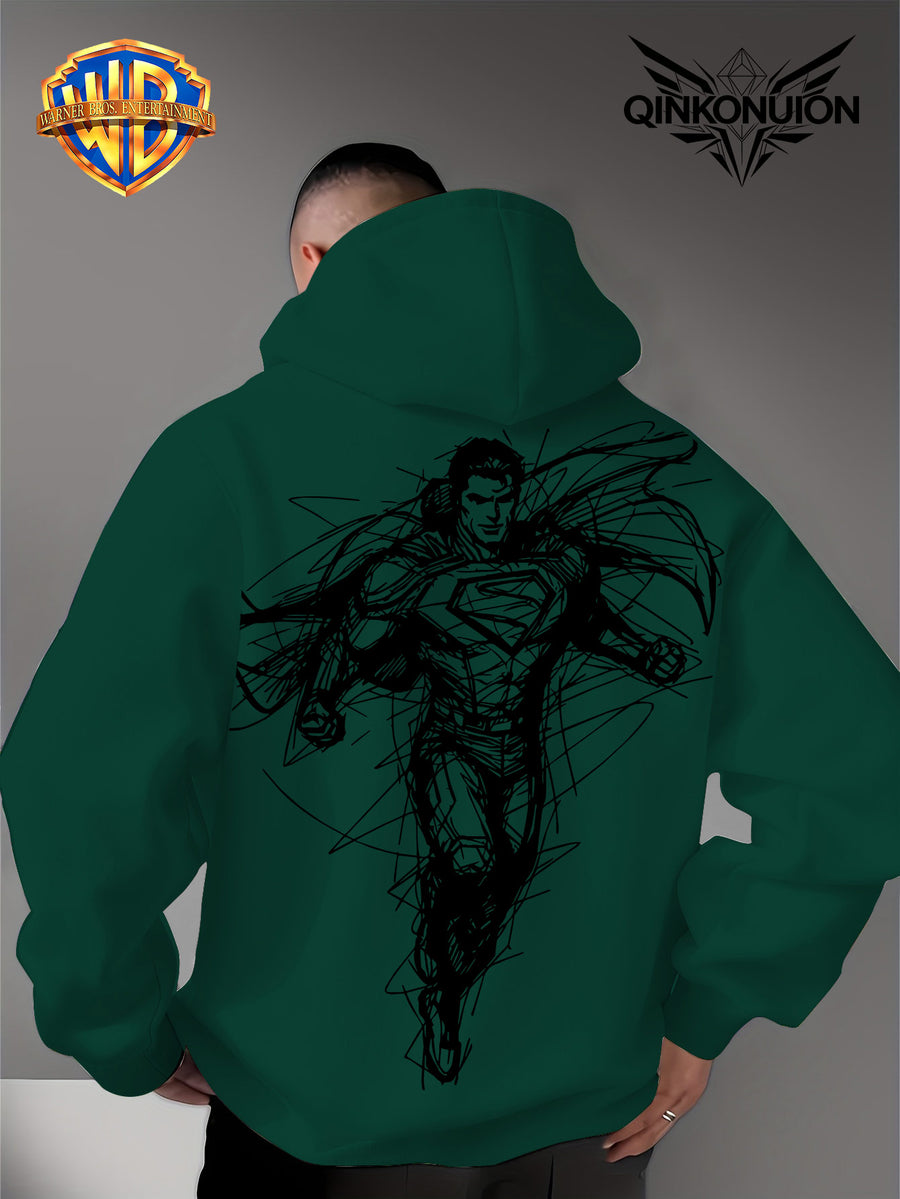 Warner Official Men'S Hooded Sweatshirt, Featuring Sketch Lines, Superhuman Flight, Dynamic And Cool Print Design, Machine Washable, Warm And Casual for Autumn And Winter, Daily Drawstring Hoodie, Multifunctional Sports And Casual Loose Fit - Green