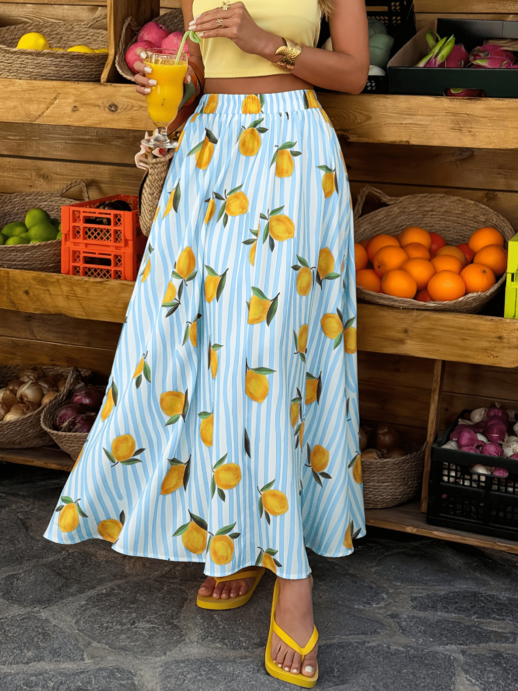 Women'S New Striped Print, Elastic Waist, A-Line Long Skirt, Fashionable And Elegant for Vacation And Commute, Casual Outing, Street Style, Daily Wear Skirt, Suitable for Spring Summer - Blue