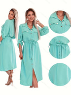 Elegant Mint Green Shirt Dress for Women, Long Sleeve Waist-Cinching Tie-Waist Midi Dress, New Spring/Summer Casual Lapel Pocket Midi Dress, for Daily Workplace Commute Wear, Holiday Parties and Dates, Outings and Vacations - Mint Green