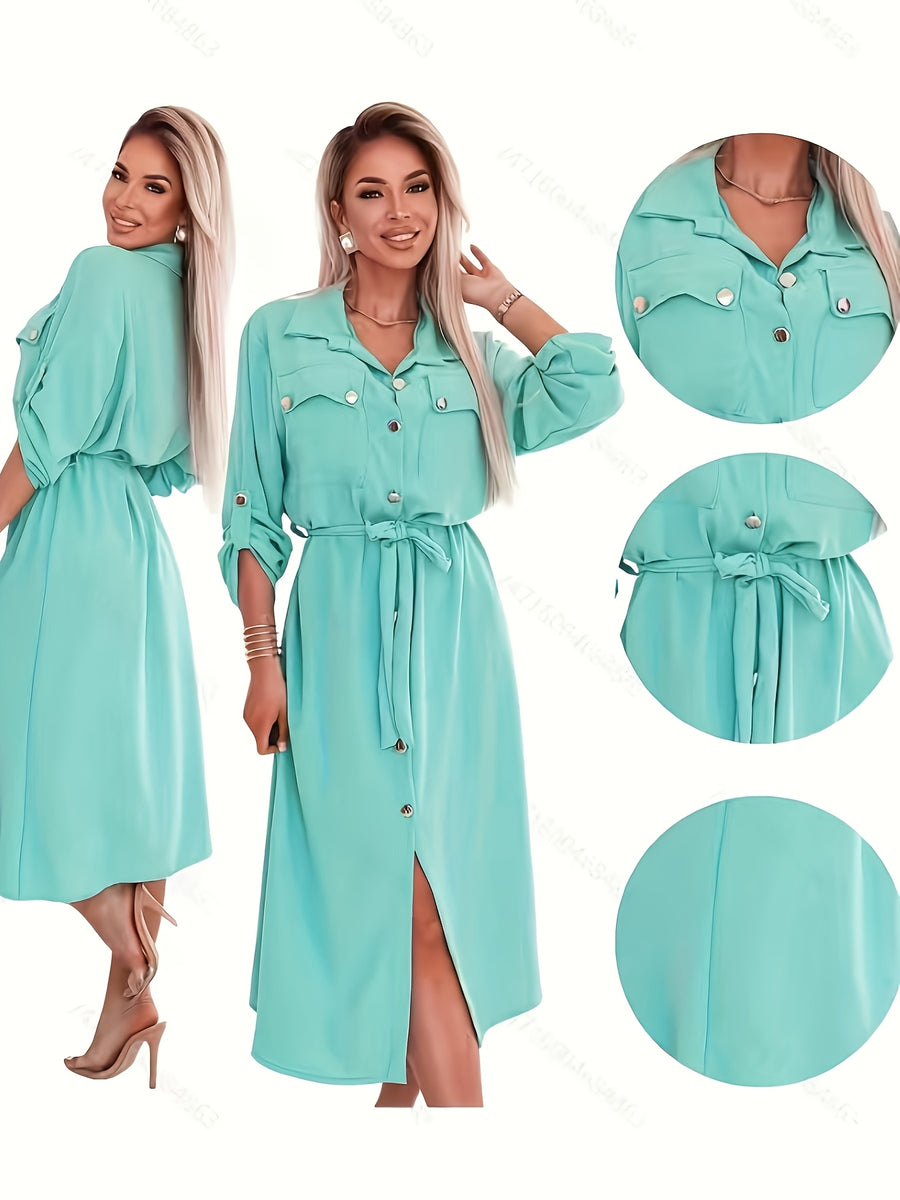 Elegant Mint Green Shirt Dress for Women, Long Sleeve Waist-Cinching Tie-Waist Midi Dress, New Spring/Summer Casual Lapel Pocket Midi Dress, for Daily Workplace Commute Wear, Holiday Parties and Dates, Outings and Vacations - Mint Green
