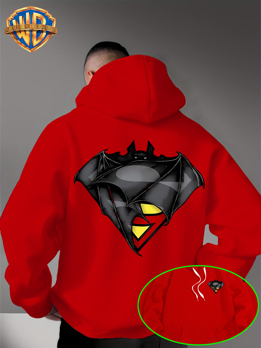 WB Warner Bros DC Official Justice League Superman-Batman Fusion Logo Hooded Sweatshirt - -Lined Hoodie Suitable for Men & Women, Unisex Couple's Gift, Adjustable Drawstring Hood, Iconic Logo Print for Casual Winter Wear, Machine Washable - Red