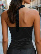 Spring Summer New Women'S Top, French Niche Design Halter Cami, Metal Buckle Decor, Satin Smooth Comfortable Luxurious Texture Top - Black