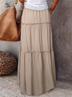 2025 Spring/Summer Rubber Waist Pleated Trim Patchwork Long Dress - Apricot