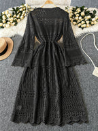 Women's Solid Color Beach Vacation Romantic Crochet Mesh Drawstring Tie Bow Cardigan Western Clothing - High-End - Black