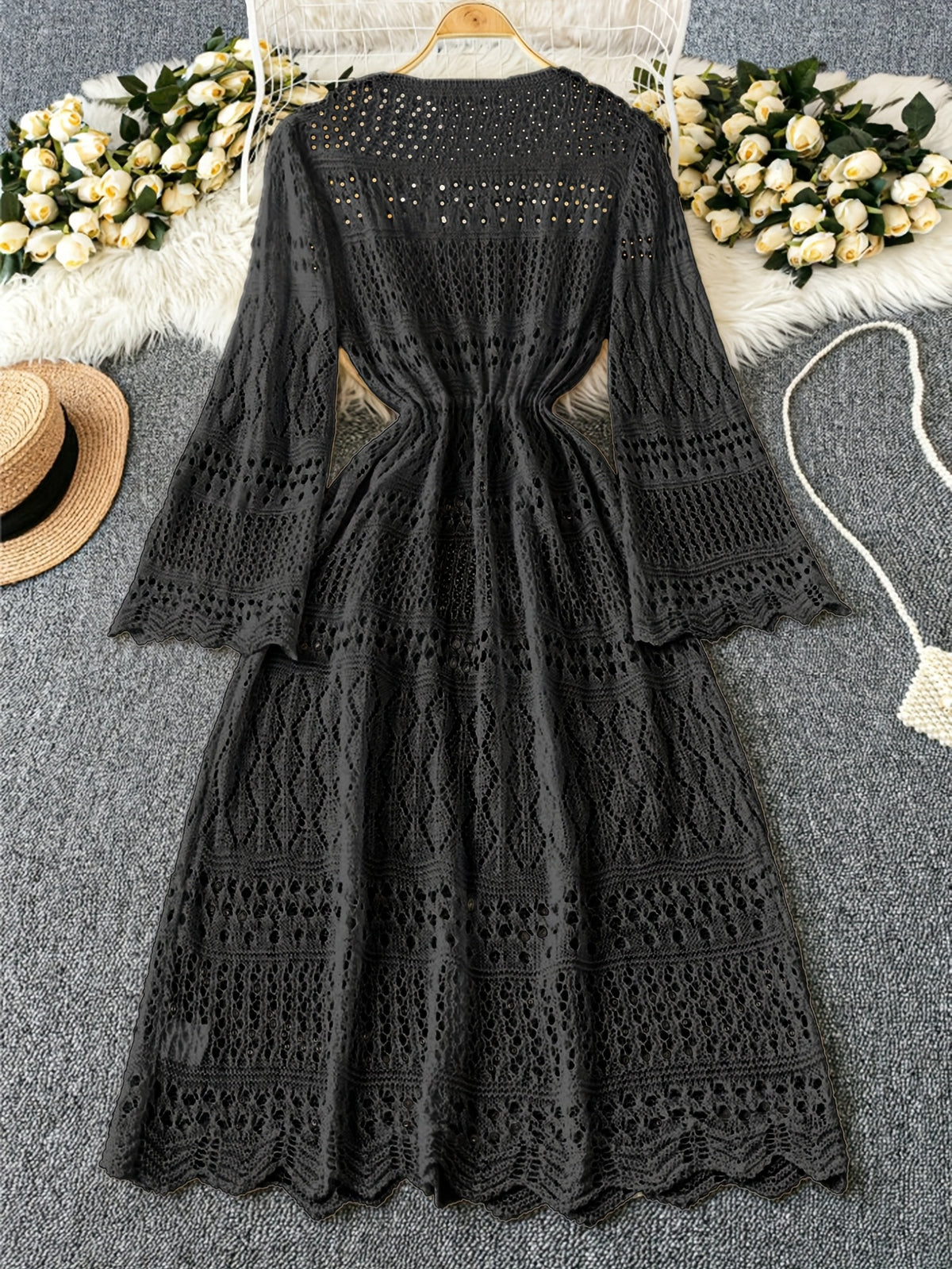 Women's Solid Color Beach Vacation Romantic Crochet Mesh Drawstring Tie Bow Cardigan Western Clothing - High-End - Black