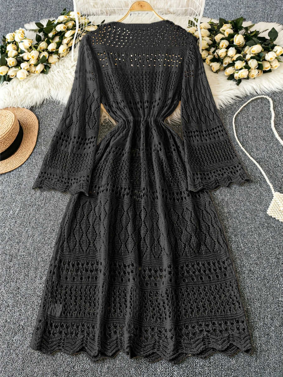Women's Solid Color Beach Vacation Romantic Crochet Mesh Drawstring Tie Bow Cardigan Western Clothing - High-End - Black