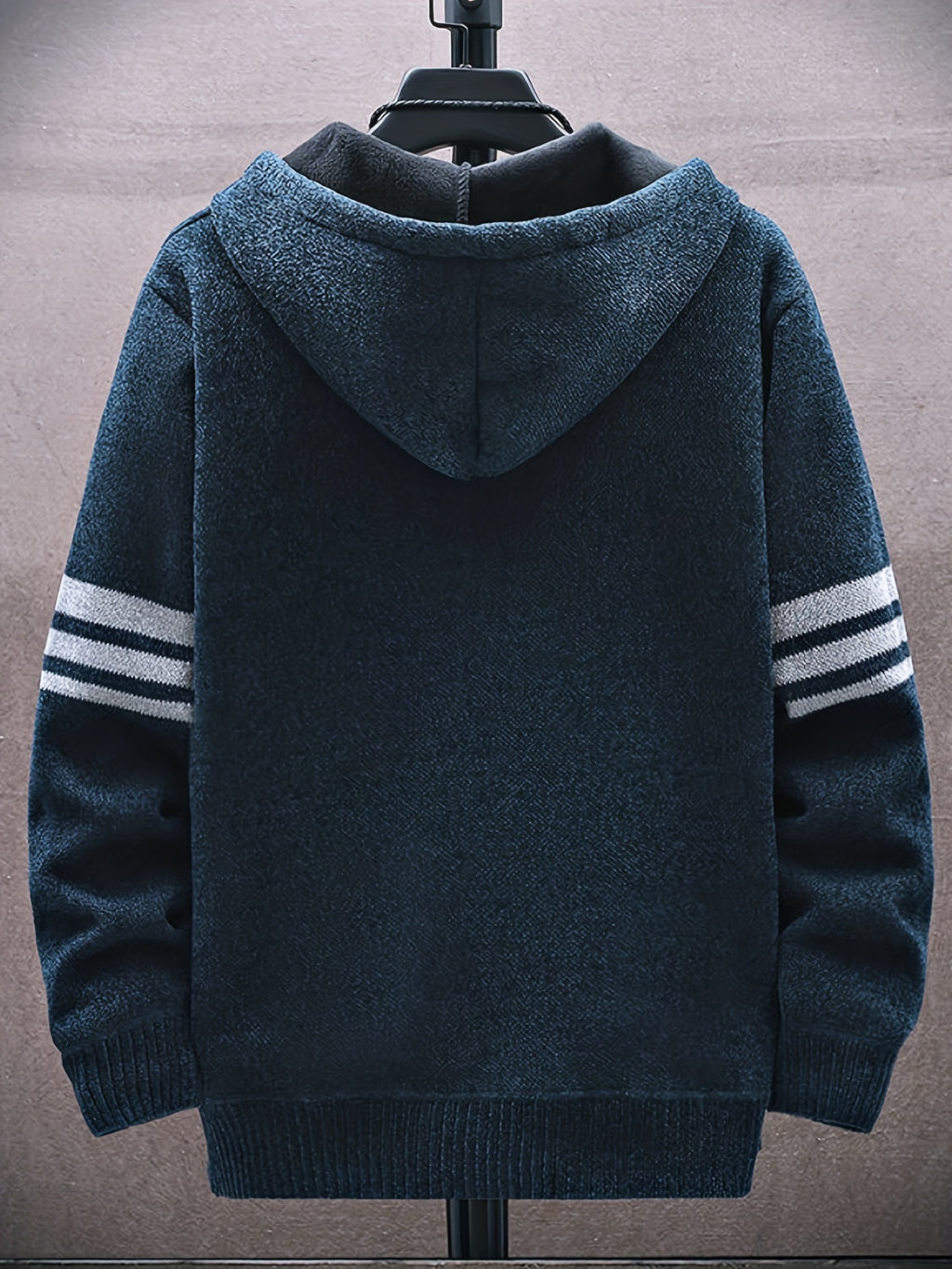 Men'S Striped Fleece Hooded Cardigan, Casual Slightly Stretch Breathable Zip Up Thermal Jacket for Fall Winter Outdoor, Knit - Navy Color