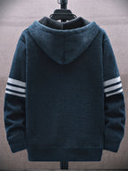 Men'S Striped Fleece Hooded Cardigan, Casual Slightly Stretch Breathable Zip Up Thermal Jacket for Fall Winter Outdoor, Knit - Navy Color
