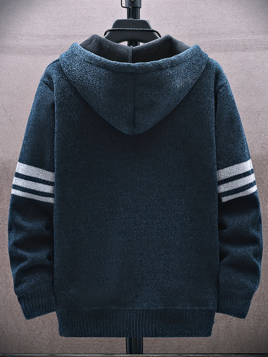 Men'S Striped Fleece Hooded Cardigan, Casual Slightly Stretch Breathable Zip Up Thermal Jacket for Fall Winter Outdoor, Knit - Navy Color
