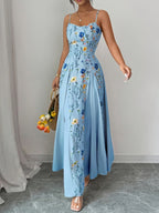 Spring And Summer New Elegant Resort European And American Fashion Trend Casual Women'S Clothing Floral Print Sleeveless Square Neck Suspender Dress - Sky Blue