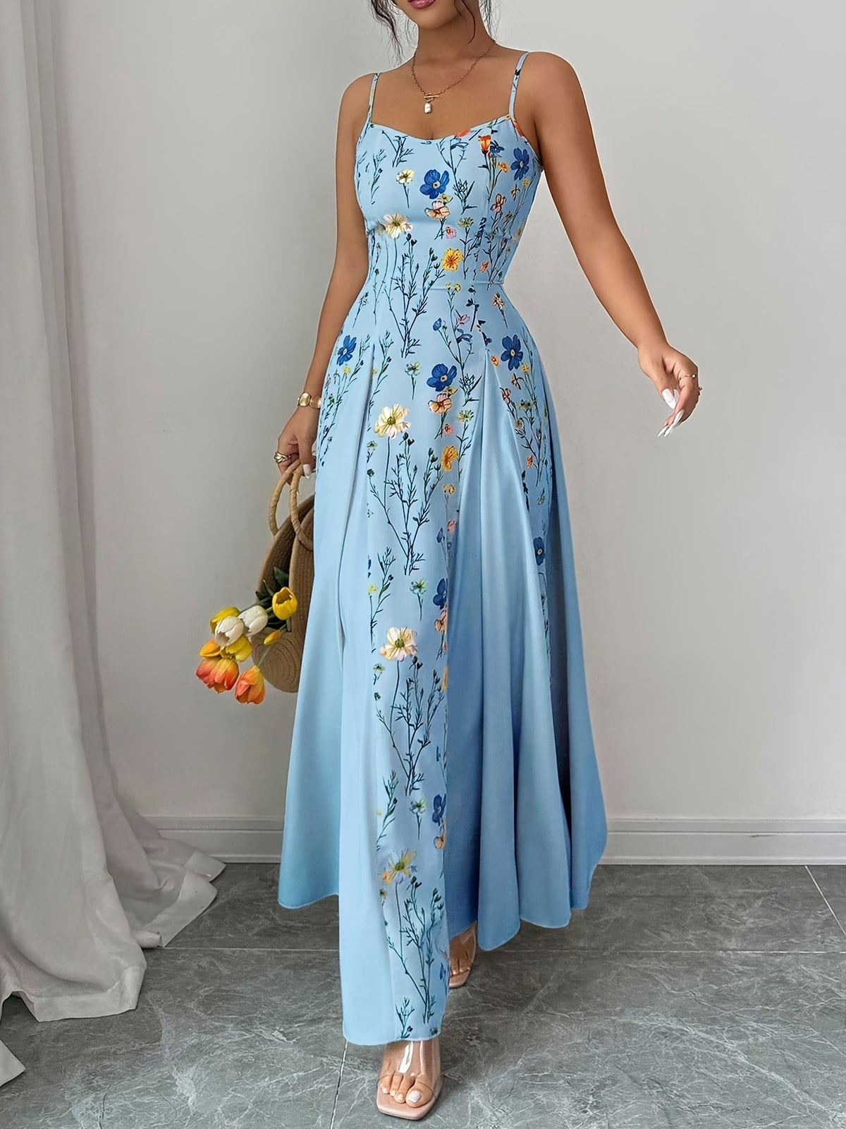 Spring And Summer New Elegant Resort European And American Fashion Trend Casual Women'S Clothing Floral Print Sleeveless Square Neck Suspender Dress - Sky Blue