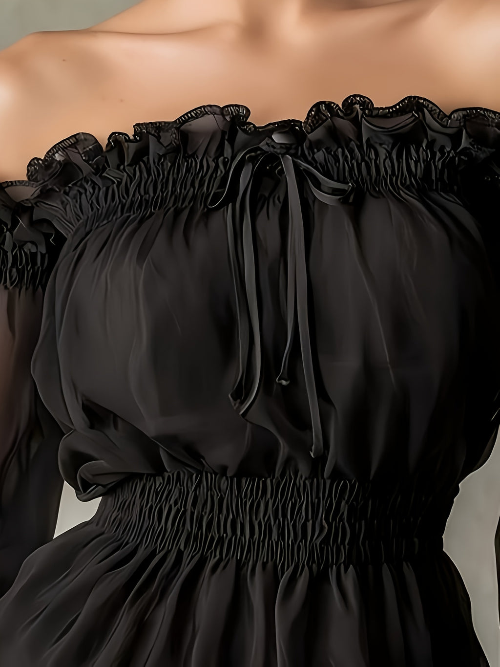 Fashionable Retro Ruffle Brown Off-Shoulder Women'S Chiffon Shirt Suitable for Spring, Summer And Autumn - Black