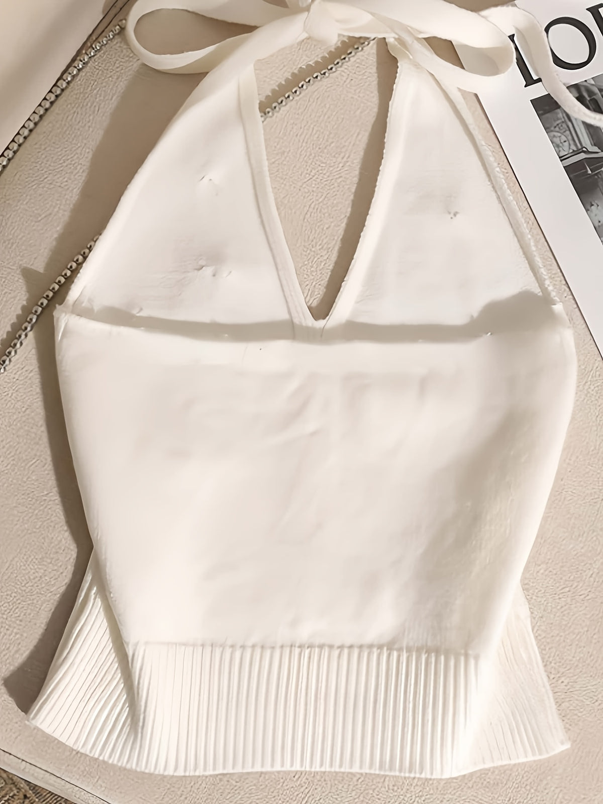 French-style Beaded Exquisite Halter Neck Camisole Vest, Trendy Babydoll Style, Elegant Backless Off-the-shoulder Top, Novel Creative Short Knitwear for Outerwear - French-style elegant and sweet beaded fashionable slim-fit backless halterneck knit sweater (white)